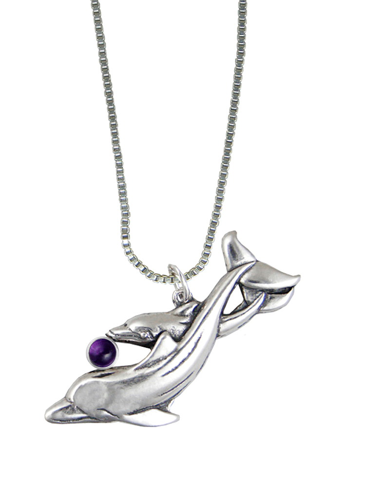 Sterling Silver Playful Dolphins Pendant With Amethyst
